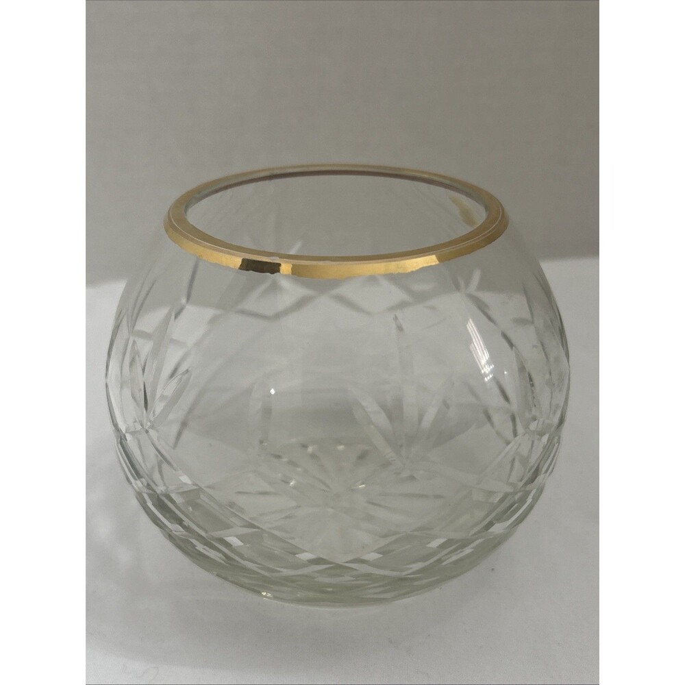 Vintage Rose Bowl Cut Crystal Gold Rim Starburst Bottom